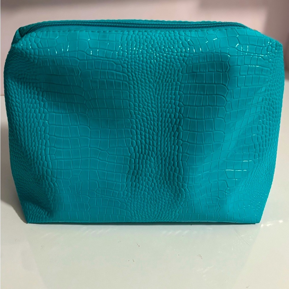 Blue Cosmetic Bag with Crocodile Texture and Boxy Shape